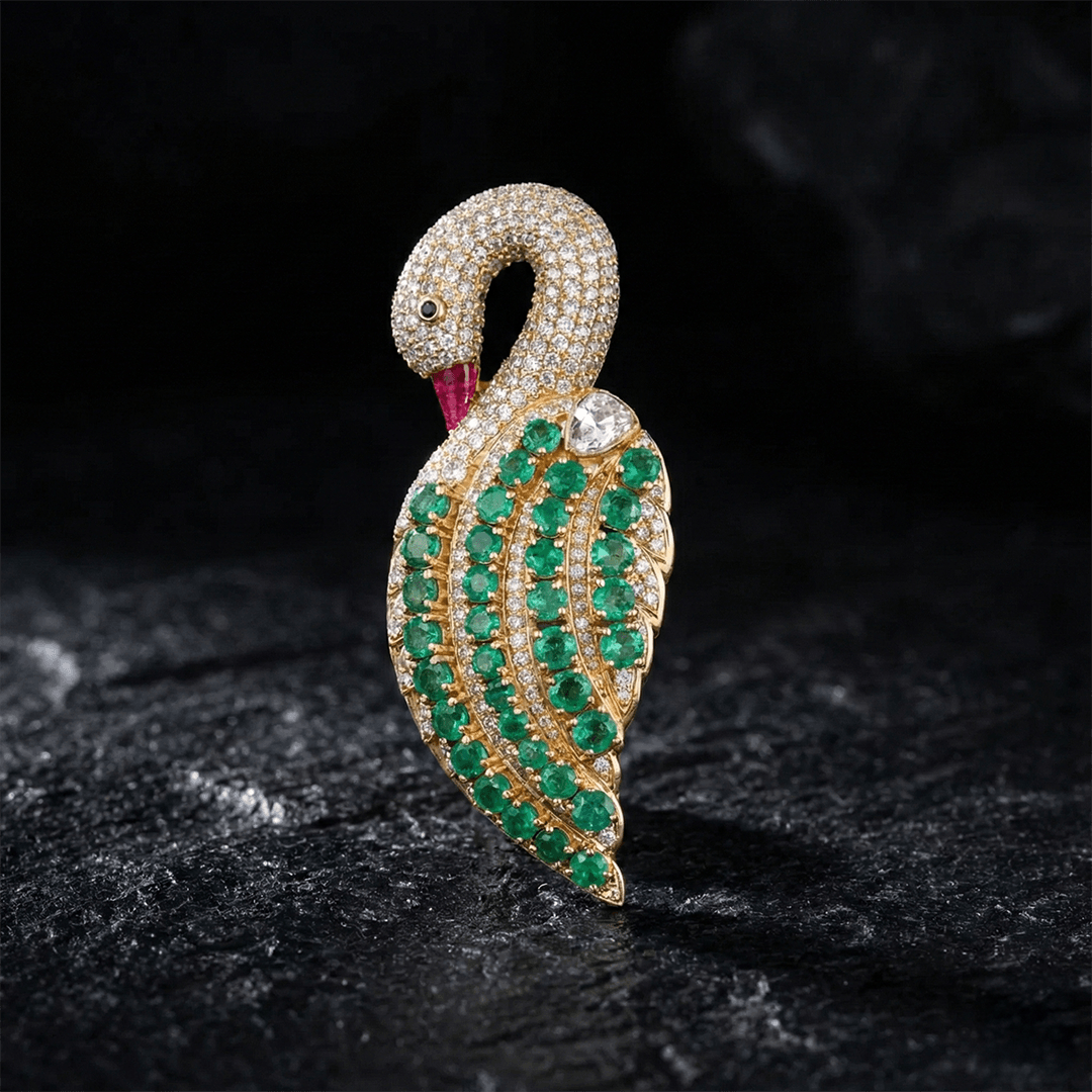 Emerald Diamond Swan Brooch - Image 1