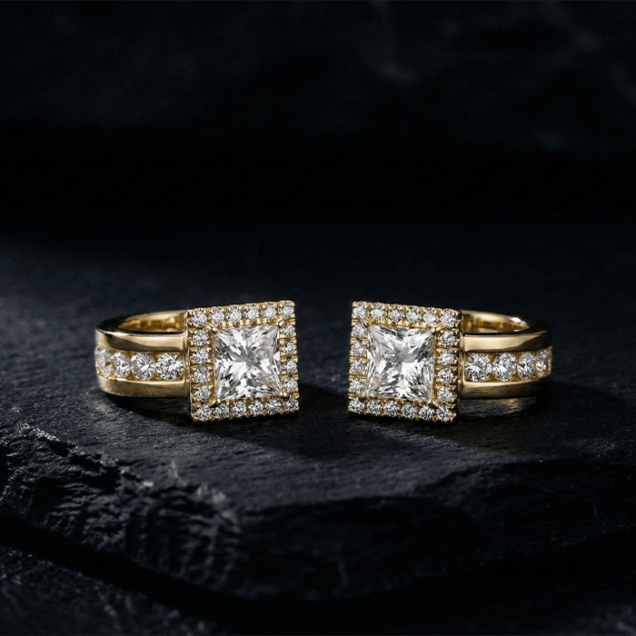 Princess Cut Halo Diamond Hoop Earrings - Image 1