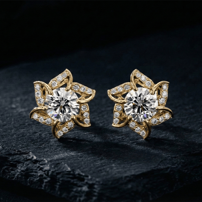Floral Solitaire Diamond Stud Earrings - Image 1