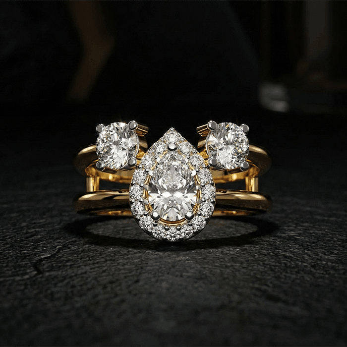 Three Stone Halo Diamond Designer Ring - Image 1
